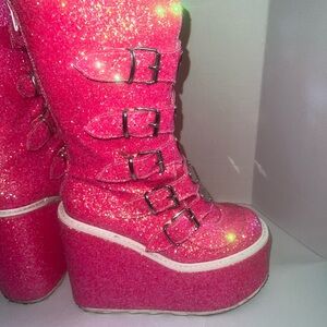 Demonia Lovesick Wedge Platform Glitter Sparkle Pink Buckle Heart Boots